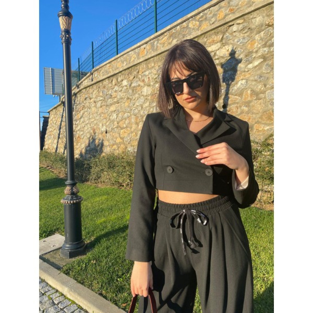 Qorsaj Kruvaze Crop Blazer Ceket-Siyah Bayan Ceket Fiyatı