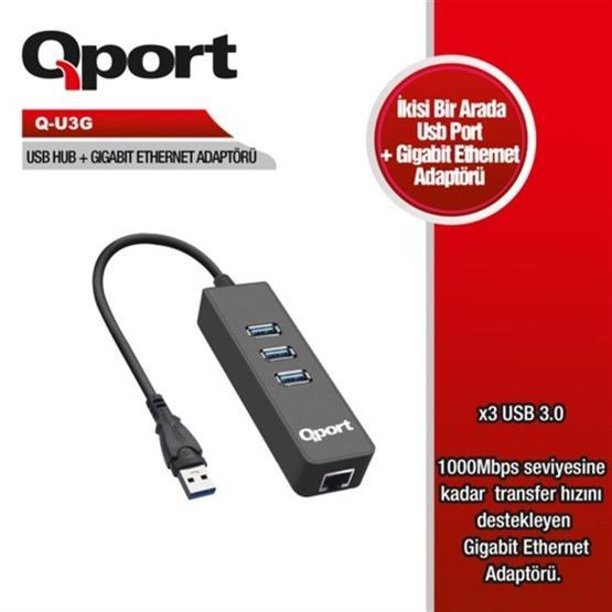 Qport Q-U3G 3xUSB 3.0 Çoklayıcı + Gigabit Ethernet Adaptör