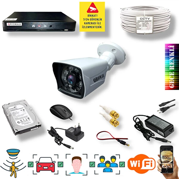 Qromax 1 Kamera Araç İnsan Yüz Gece Renkli Gösteren Hareket Algılayan 5 MP Lensli 1080P Güvenlik Kamerası Seti 906w-114-01 Güvenlik Kameraları Fiyatı