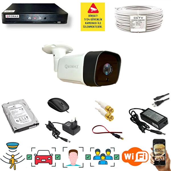 Qromax 1 Kamera Araç İnsan Yüz Hareket Algılayan 36 IR Led 5MP Sony Lensli 1080P Metal Kasa Güvenlik Kamerası Seti 5236-114-01 Güvenlik Kameraları Fiyatı