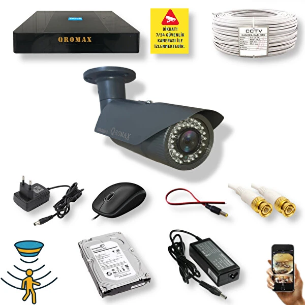 Qromax 1 Kamera Hareket Algılayan Gece Görüşlü 42 IR Led 5MP Sony Lensli 1080P Fullhd Metal Güvenlik Kamerası Seti 2042-9004-01 Güvenlik Kameraları Fiyatı