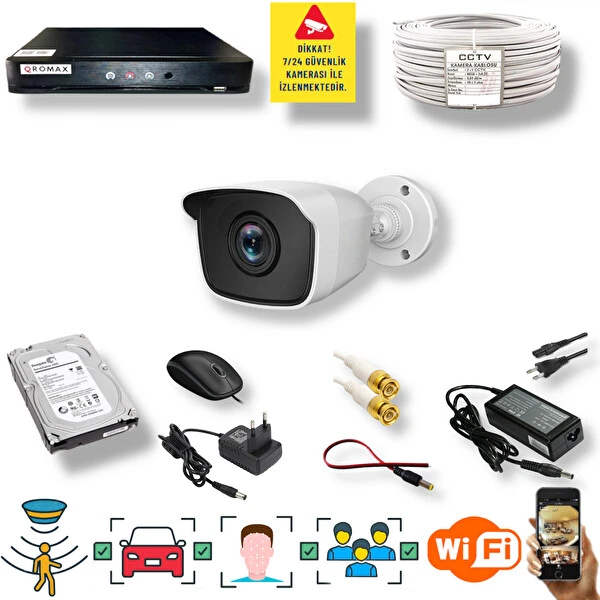 Qromax 1 Kameralı Araç İnsan Yüz Tanımalı Hareket Algılayan 5MP 36Ir Led Güvenlik Kamerası Seti 536-104-1 Güvenlik Kameraları Fiyatı