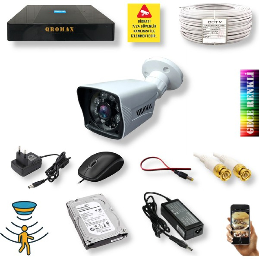 qromax 1 Kameralı Set - Gece Renkli Gösteren Hareket Algılayan 1080P 5mp Sony Lensli Güvenlik Kamerası Seti Güvenlik Sistemi Kayıt Cihazı Fiyatı