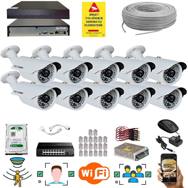 Qromax 10 Kameralı Set - 5 Mp 1940P Sensör 6 Megapiksel Sony Lens Metal Kasa IP Güvenlik Kamerası Seti Ip-10 Güvenlik Kameraları Fiyatı