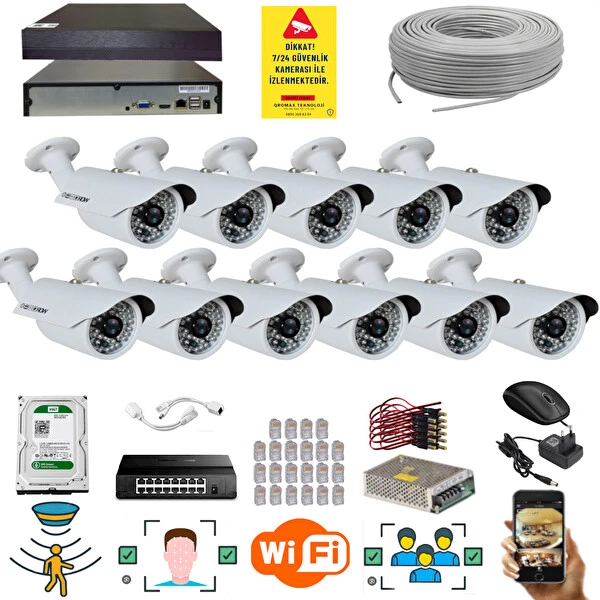 Qromax 11 Kameralı Set - 5 Mp 1940P Sensör 6 Megapiksel Sony Lens Metal Kasa IP Güvenlik Kamerası Seti Ip-11 Güvenlik Kameraları Fiyatı