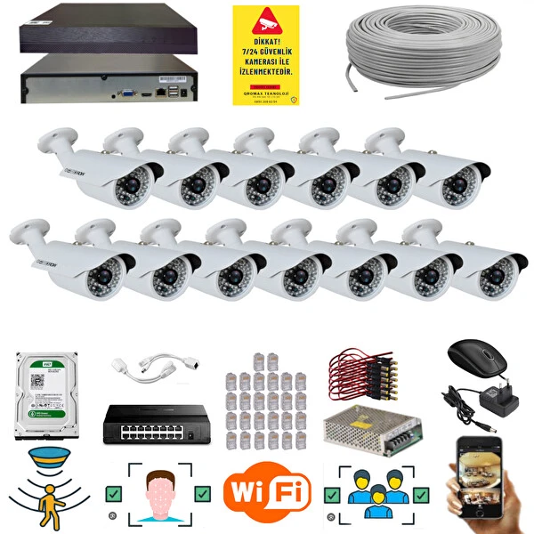 Qromax 13 Kameralı Set - 5 Mp 1940P Sensör 6 Megapiksel Sony Lens Metal Kasa IP Güvenlik Kamerası Seti Ip-13 Güvenlik Kameraları Fiyatı