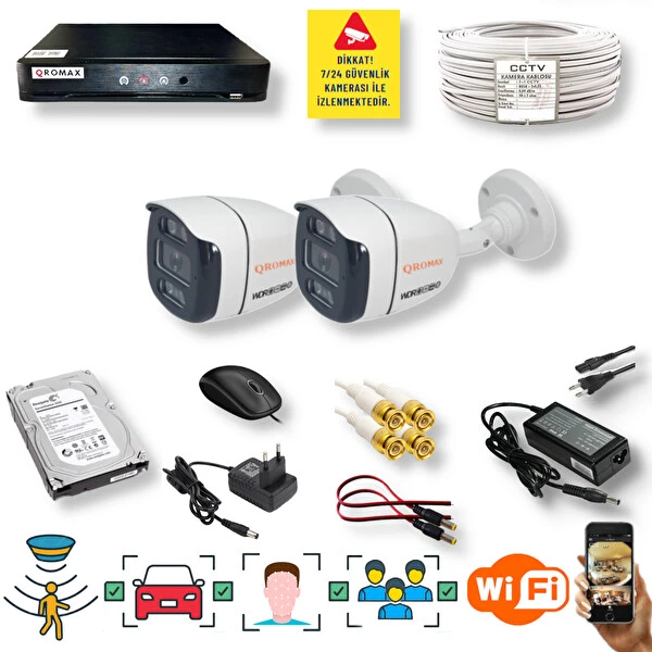 Qromax 2 Kamera Araç İnsan Yüz Hareket Algılayan 1080P 5 MP Lensli 4 MegaLedli Gece Görüşlü Güvenlik Kamerası Seti 4204-114-02 Güvenlik Kameraları Fiyatı