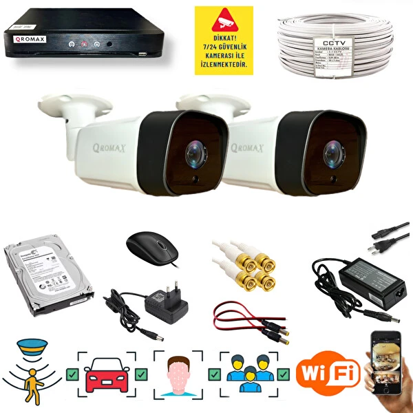 Qromax 2 Kamera Araç İnsan Yüz Hareket Algılayan 36 IR Led 5MP Sony Lensli 1080P Metal Kasa Güvenlik Kamerası Seti 5236-114-02 Güvenlik Kameraları Fiyatı