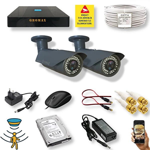 Qromax 2 Kamera Hareket Algilayan Gece Görüşlü 42 IR Led 5MP Sony Lensli 1080P Fullhd Metal Güvenlik Kamerası Seti 2042-9004-02 Güvenlik Kameraları Fiyatı