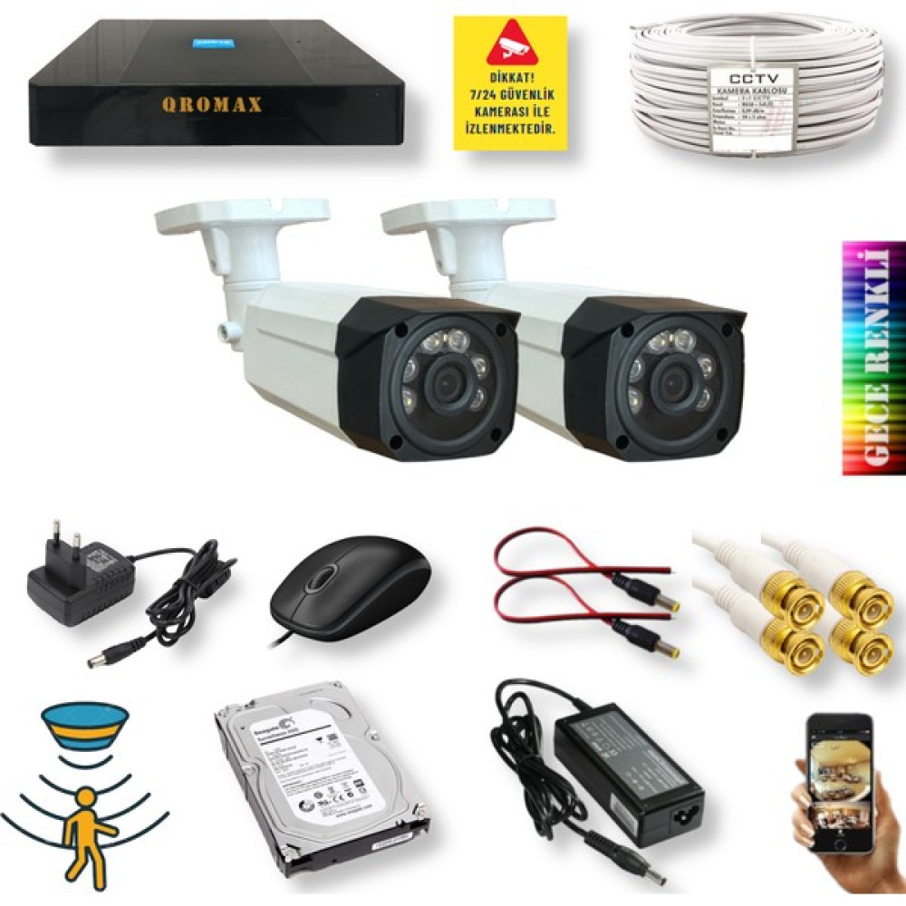 Qromax 2 Kameralı Set - Hareket Algılayan Gece Renkli Gösteren 5 Mp Sony Lensli 6 Warm Ledli 1080P Fullhd Güvenlik Kamerası Seti 786W - Beyaz - Siyah Güvenlik Kameraları Fiyatı