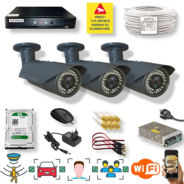 Qromax 3 Kamera Araç Yüz Hareket Algilayan Gece Görüşlü 42 IR Led 5MP Sony Lensli 1080P Metal Güvenlik Kamerasi Seti 2042-114-03 Güvenlik Kameraları Fiyatı