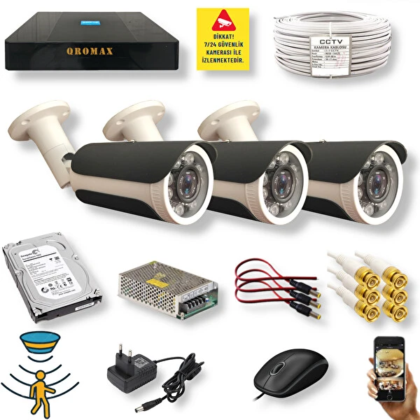 Qromax 3 Kamera Hareket Algılayan Gece Görüşlü 8 Süper Led 5MP Sony Lensli 1080P Metal Kasa Güvenlik Kamerası Seti 40Sk8-9004-03 Güvenlik Kameraları Fiyatı