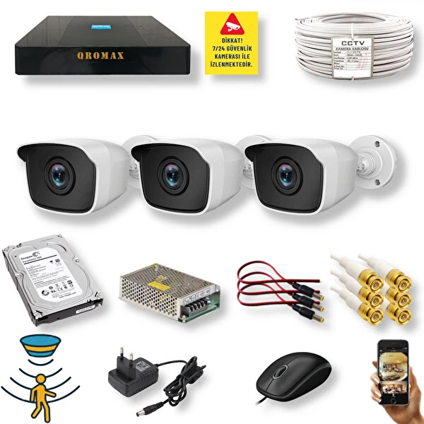 Qromax 3 Kameralı Set - 5MP Hareket Algılayan 36Ir Led Gece Görüşlü Güvenlik Kamerası Seti 536-9004-3 Güvenlik Kameraları Fiyatı