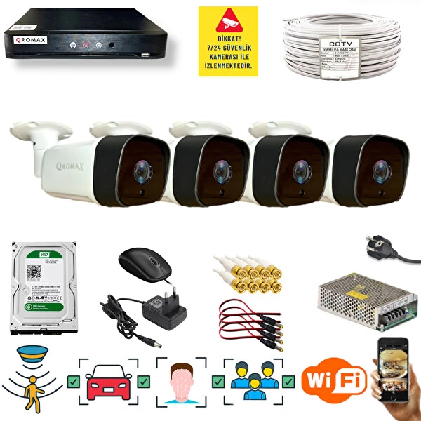 Qromax 4 Kamera Araç İnsan Yüz Hareket Algılayan 36 IR Led 5MP Sony Lensli 1080P Metal Kasa Güvenlik Kamerası Seti 5236-114-04 Güvenlik Kameraları Fiyatı