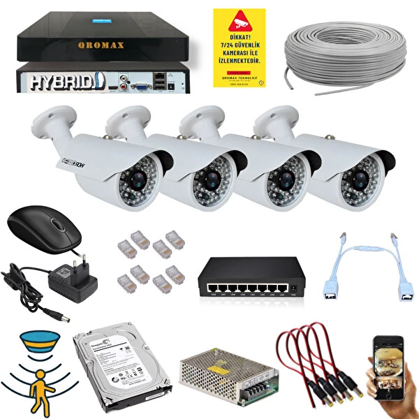 Qromax 4 Kameralı Set - 5 Mp 1940P Sensör 6 Megapiksel Sony Lens Metal Kasa Ip Güvenlik Kamerası Seti Ip-4 Güvenlik Kameraları Fiyatı