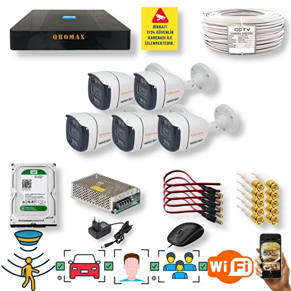 Qromax 5 Kamera Araç İnsan Yüz Hareket Algılayan 1080P 5 MP Lensli 4 MegaLedli Gece Görüşlü Güvenlik Kamerası Seti 4204-9008-05 Güvenlik Kameraları Fiyatı