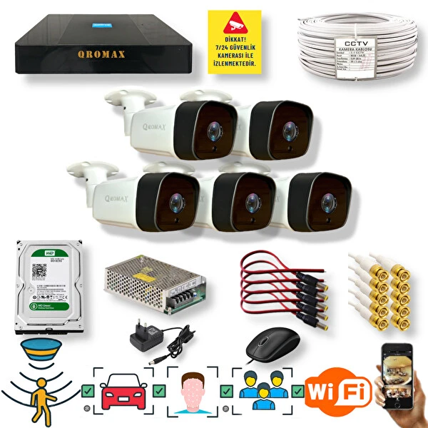 Qromax 5 Kamera Araç İnsan Yüz Hareket Algılayan 36 IR Led 5MP Sony Lensli 1080P Metal Kasa Güvenlik Kamerası Seti 5236-9008-05 Güvenlik Kameraları Fiyatı