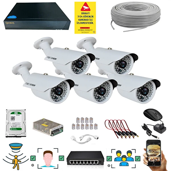Qromax 5 Kameralı Set - 5 Mp 1940P Sensör 6 Megapiksel Sony Lens Metal Kasa Ip Güvenlik Kamerası Seti Ip-5 Güvenlik Kameraları Fiyatı