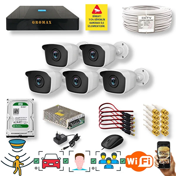 Qromax 5 Kameralı Set - Araç İnsan Yüz Hareket Algılayan 5MP 36Ir Led Güvenlik Kamerası Seti 536-9008-5 Güvenlik Kameraları Fiyatı