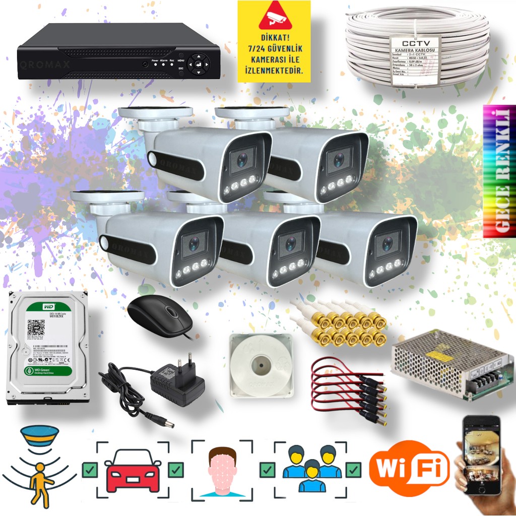 Qromax 5 Kameralı Set - İnsan Yüz Araç Tanımalı Hareket Algılayan Gece Renkli Gösteren 5 Mp Sony Lensli 4 Warm Ledli 1080P Fullhd Güvenlik Kamerası... Güvenlik Kameraları Fiyatı