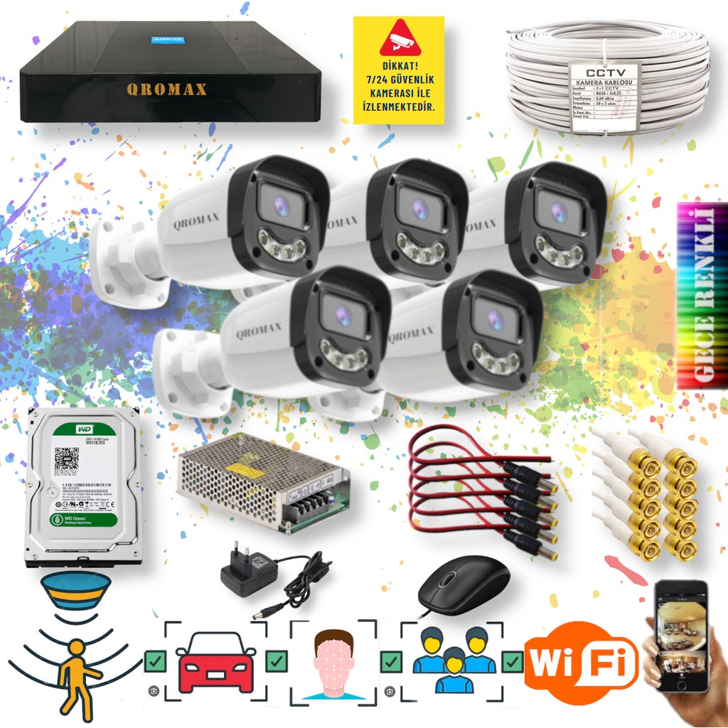 qromax 5 Kameralı Set - Yapay Zeka Özellikli Gece Renkli Gösteren 5MP SONY Lensli 4 Ultra Warm Ledli FULLHD Güvenlik Kamerası Seti 2304W-9008 Güvenlik Kameraları Fiyatı