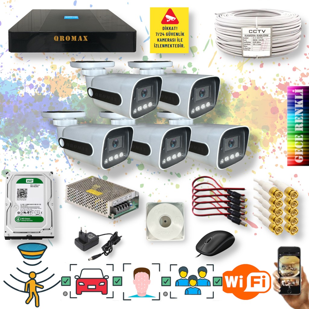 Qromax 5 Kameralı Set - Yapay Zeka Özellikli Gece Renkli Gösteren 5MP SONY Lensli 4 Ultra Warm Ledli FULLHD Güvenlik Kamerası Seti 784W-9008 Güvenlik Kameraları Fiyatı