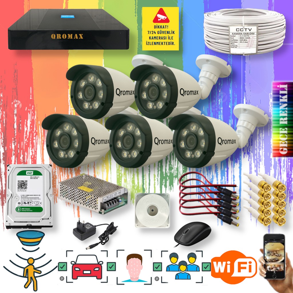 qromax 5 Kameralı Set - Yapay Zeka Özellikli Gece Renkli Gösteren 8 Warm Ledli TurboHD Güvenlik Kamerası Seti 3908W-9008 - Siyah - Beyaz Güvenlik Kameraları Fiyatı