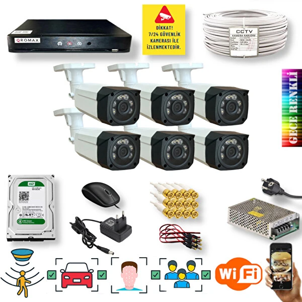 Qromax 6 Kamera Araç İnsan Yüz Hareket Algılayan Gece Renkli Gösteren 5 MP Lensli 1080P Güvenlik Kamerası Seti 786W-118-06 Güvenlik Kameraları Fiyatı