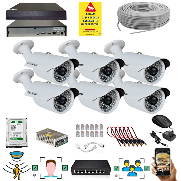 Qromax 6 Kameralı Set - 5 Mp 1940P Sensör 6 Megapiksel Sony Lens Metal Kasa Ip Güvenlik Kamerası Seti Ip-6 Güvenlik Kameraları Fiyatı