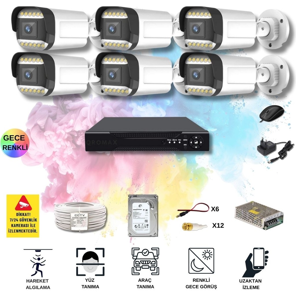 Qromax 6 Kameralı Set - Yapay Zeka Özellikli Gece Renkli Gösteren 5MP SONY Lensli 12 Warm Ledli FULLHD Güvenlik Kamerası Seti 312W-108 Güvenlik Kameraları Fiyatı