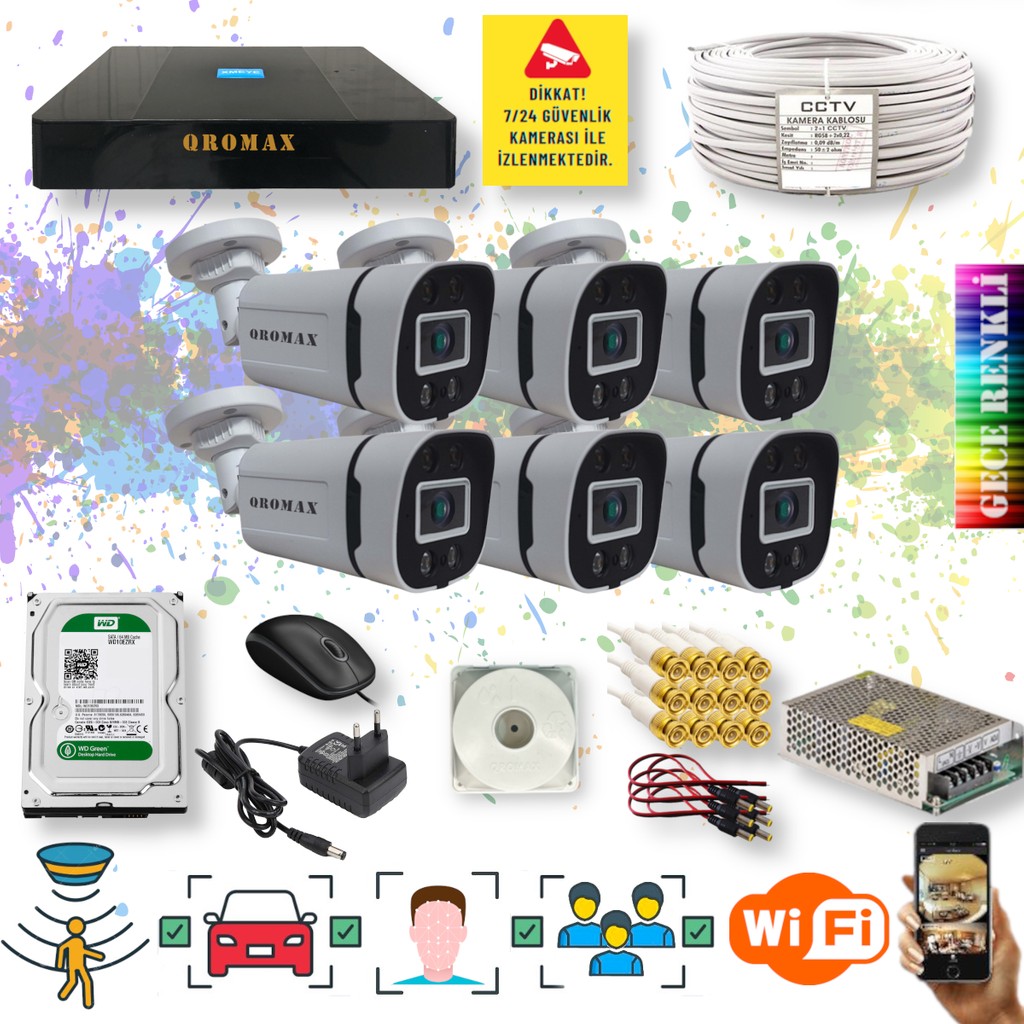 Qromax 6 Kameralı Set - Yapay Zeka Özellikli Gece Renkli Gösteren 5MP SONY Lensli 4 Ultra Warm Ledli FULLHD Güvenlik Kamerası Seti W-604W-9008 Güvenlik Kameraları Fiyatı