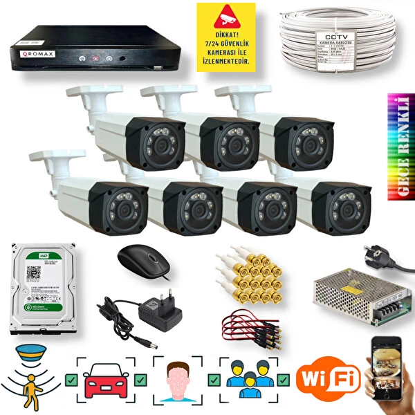 Qromax 7 Kamera Araç İnsan Yüz Hareket Algılayan Gece Renkli Gösteren 5 MP Lensli 1080P Güvenlik Kamerası Seti 786W-118-07 Güvenlik Kameraları Fiyatı