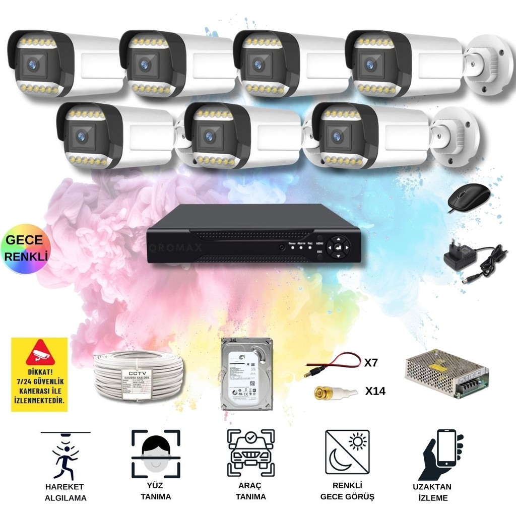 Qromax 7 Kameralı Set - Yapay Zeka Özellikli Gece Renkli Gösteren 5MP SONY Lensli 12 Warm Ledli FULLHD Güvenlik Kamerası Seti 312W-108 Güvenlik Kameraları Fiyatı