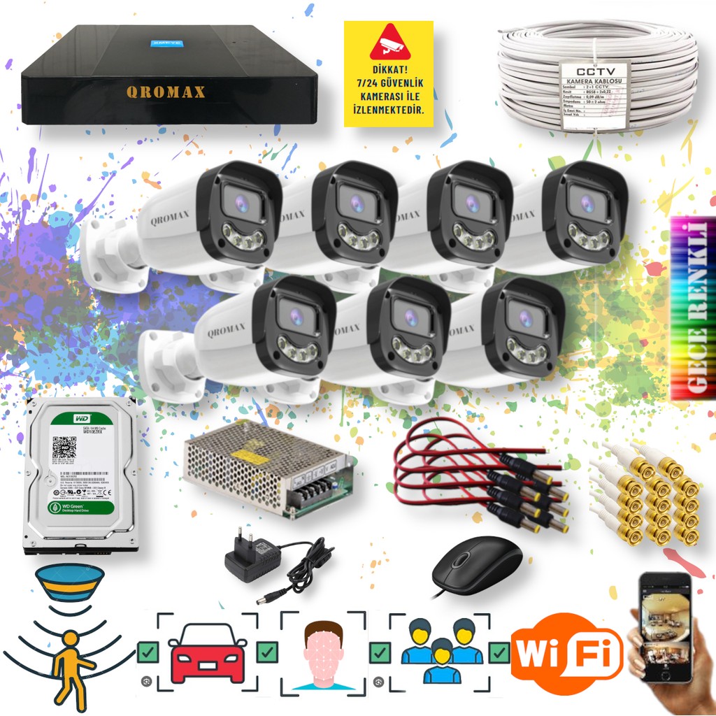 qromax 7 Kameralı Set - Yapay Zeka Özellikli Gece Renkli Gösteren 5MP SONY Lensli 4 Ultra Warm Ledli FULLHD Güvenlik Kamerası Seti 2304W-9008 Güvenlik Kameraları Fiyatı