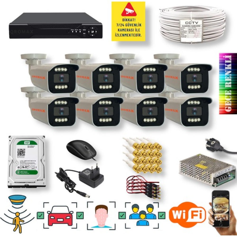 Qromax 8 Kameralı Set - Yapay Zeka Özellikli İnsan Yüz Araç Tanımalı Gece Renkli Gösteren 5 MP SONY Lensli 8 Warm Ledli FULLHD Güvenlik Kamerası Seti 908W-9008M Oto Boyaları Fiyatı