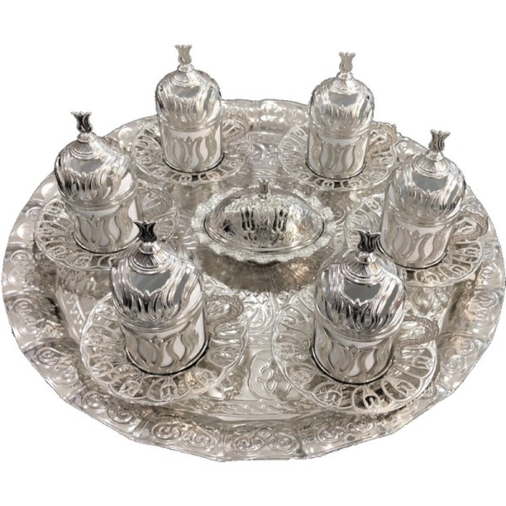 Quality Lale Motifli Gümüş Yuvarlak 6 Li Kahve Fincan Takımı Fincan / Bardak / Kahve Takımı Fiyatı