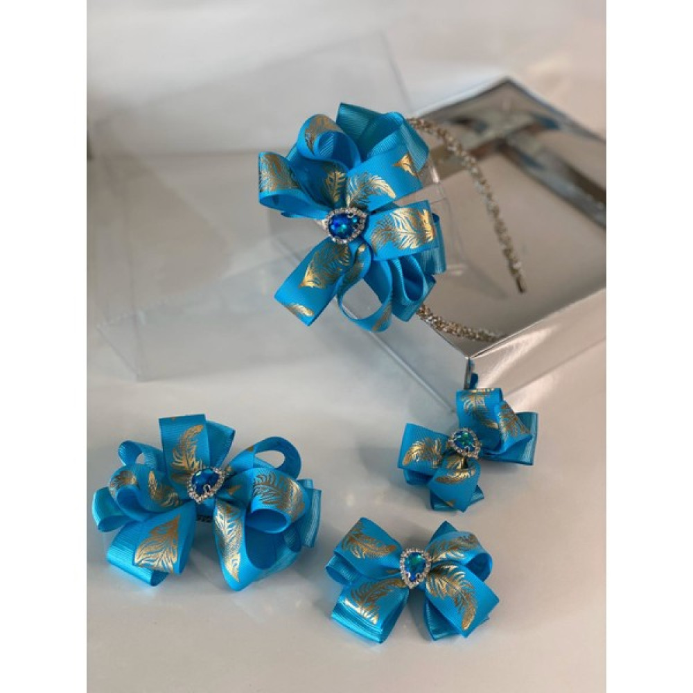 Queen Accessories Mavi 4'lü Kristal Taşlı Gold Yaprak Desenli Anne Kız Bebek Kombin Tak Çıkar Taç Toka Seti Toka, Taç & Saç Bandı Fiyatı