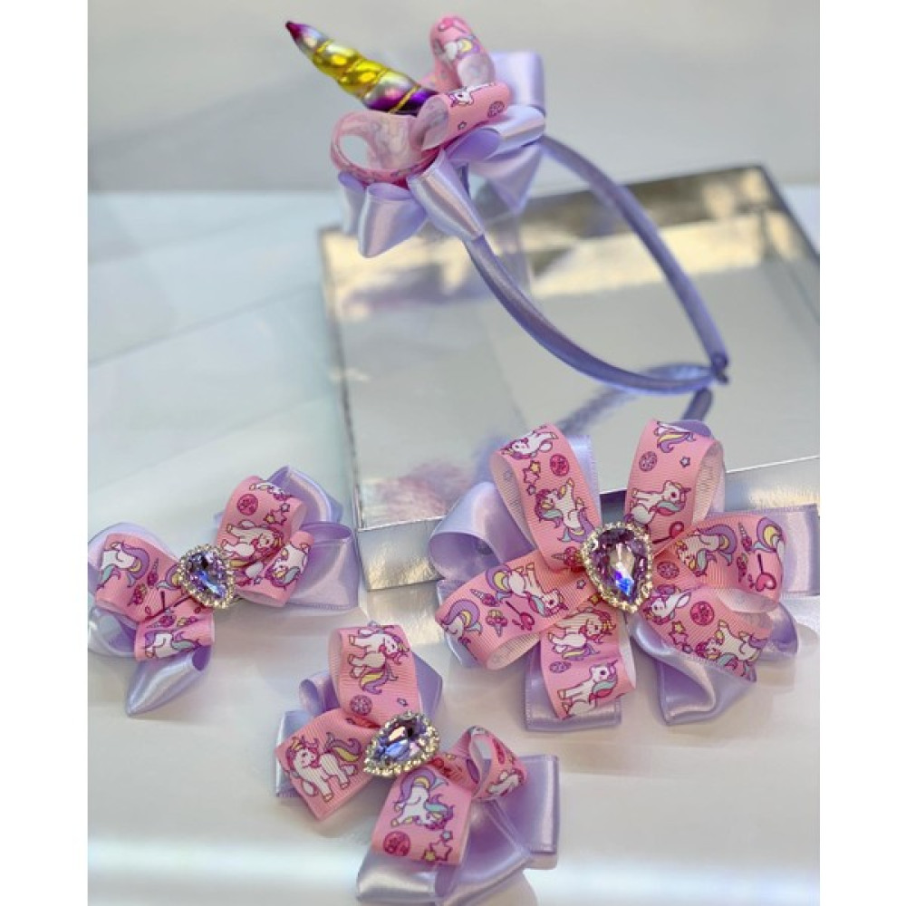 Queen Accessories Mor 4'lü Kristal Taşlı Unicornlu Anne Kız Bebek Kombin Taç Toka Seti - Lila Toka, Taç & Saç Bandı Fiyatı