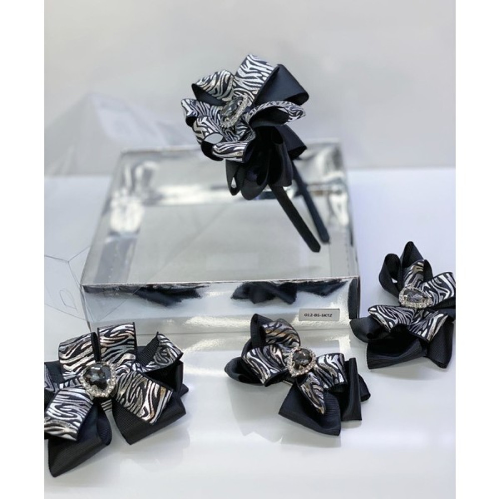 Queen Accessories Siyah 4'lü Kristal Taşlı Zebra Desenli Anne Kız Bebek Kombin Taç Toka Seti Toka, Taç & Saç Bandı Fiyatı