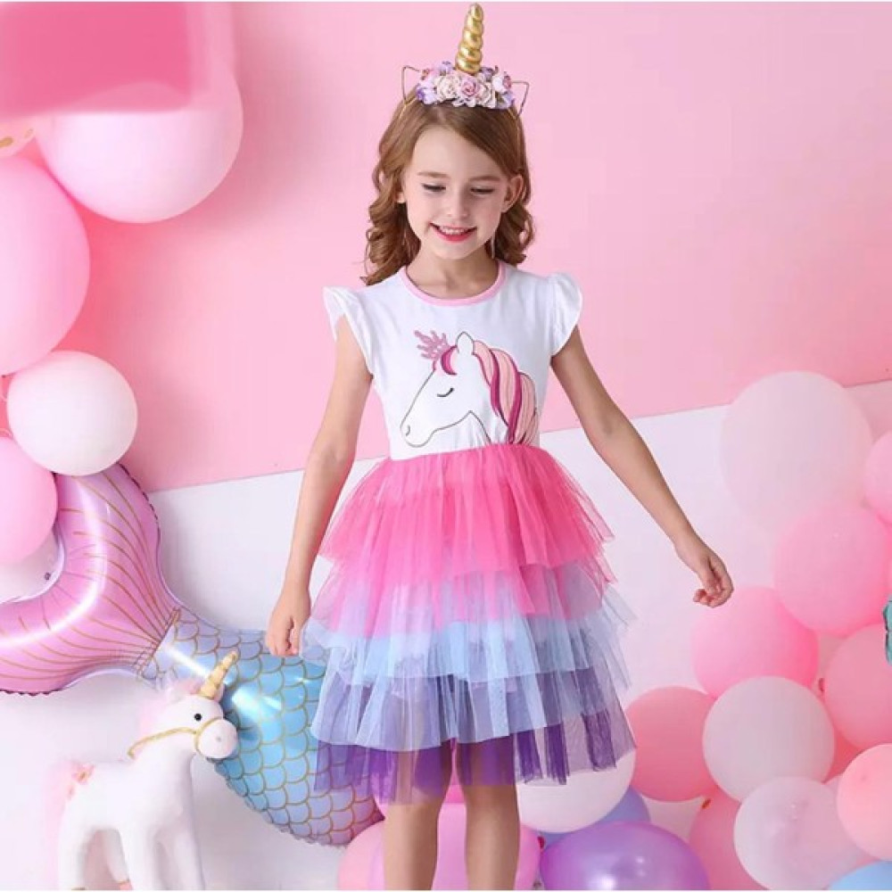 Queen Aksesuar Yeni Sezon 3D Kabartmalı Unicorn Prenses Tüllü Doğum Günü Parti Elbise Pembe Lila Kız Çocuk Elbise Fiyatı