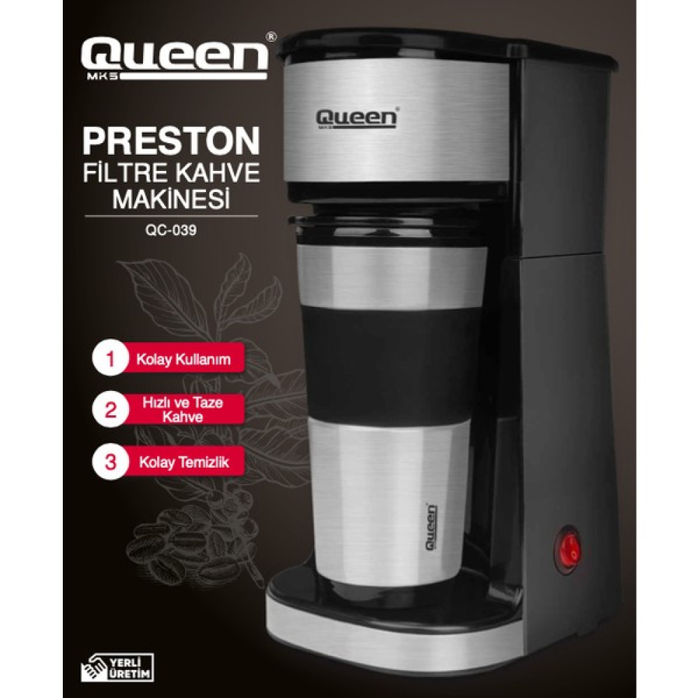 Queen Qc 039SI Preston Filtre Kahve Makinesi Inox Termos Bardaklı - Gri Kahve Makineleri Fiyatı