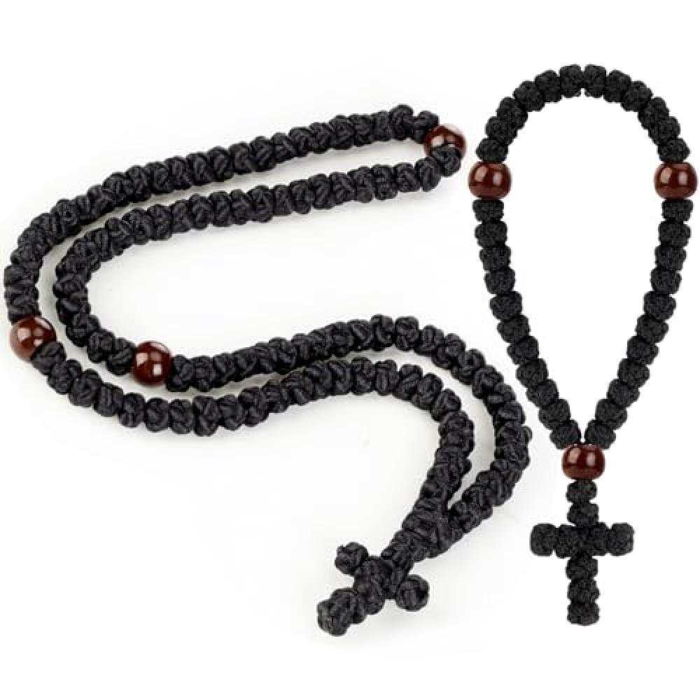Quelay 2 Pcs Handmade Christian 100 Knot Orthodox Prayer Rope and Christian 33 Knot Orthodox Greek Prayer Rope Protection Blessing Cross Charm Tassel Car Hanging Charm Gift(Black,Classic Style)