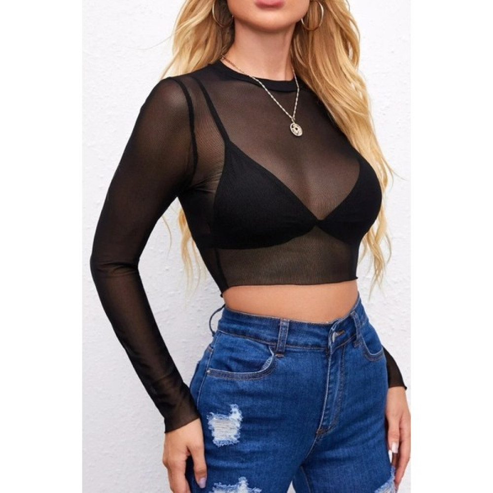 Quella Atelier Siyah Tül Crop Top Bluz Uzun Kollu Transparan Sexy Bluz Fiyatı