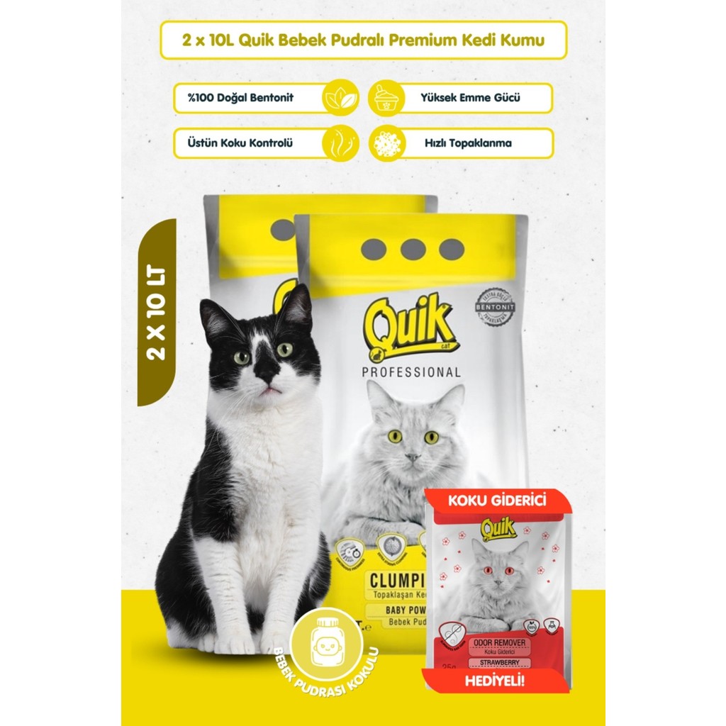 Quik 2 Adet 10LT Bebek Pudralı Bentonit Topaklaşan Kokusuz Kedi Kumu 10LT x 2 Adet Evcil Hayvan Ürünleri Fiyatı