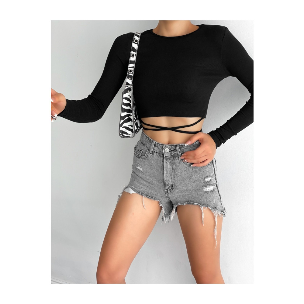 QUTTA Siyah Ip Bağlamalı Uzun Kollu Fitilli Crop Bluz S Beden Bluz Fiyatı