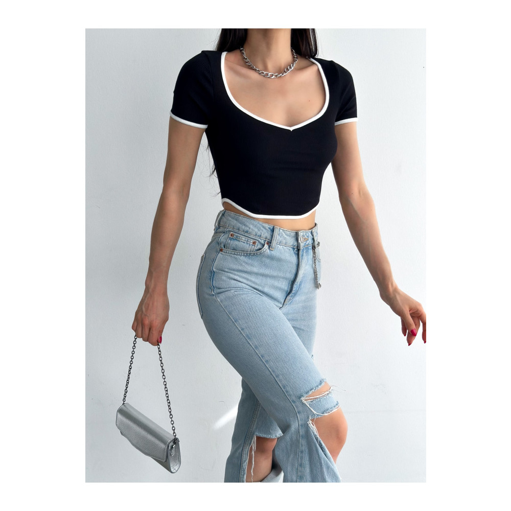 QUTTA Siyah Kalp Yaka Kısa Kollu Fitilli Kadın Crop Bluz L Beden Bluz Fiyatı