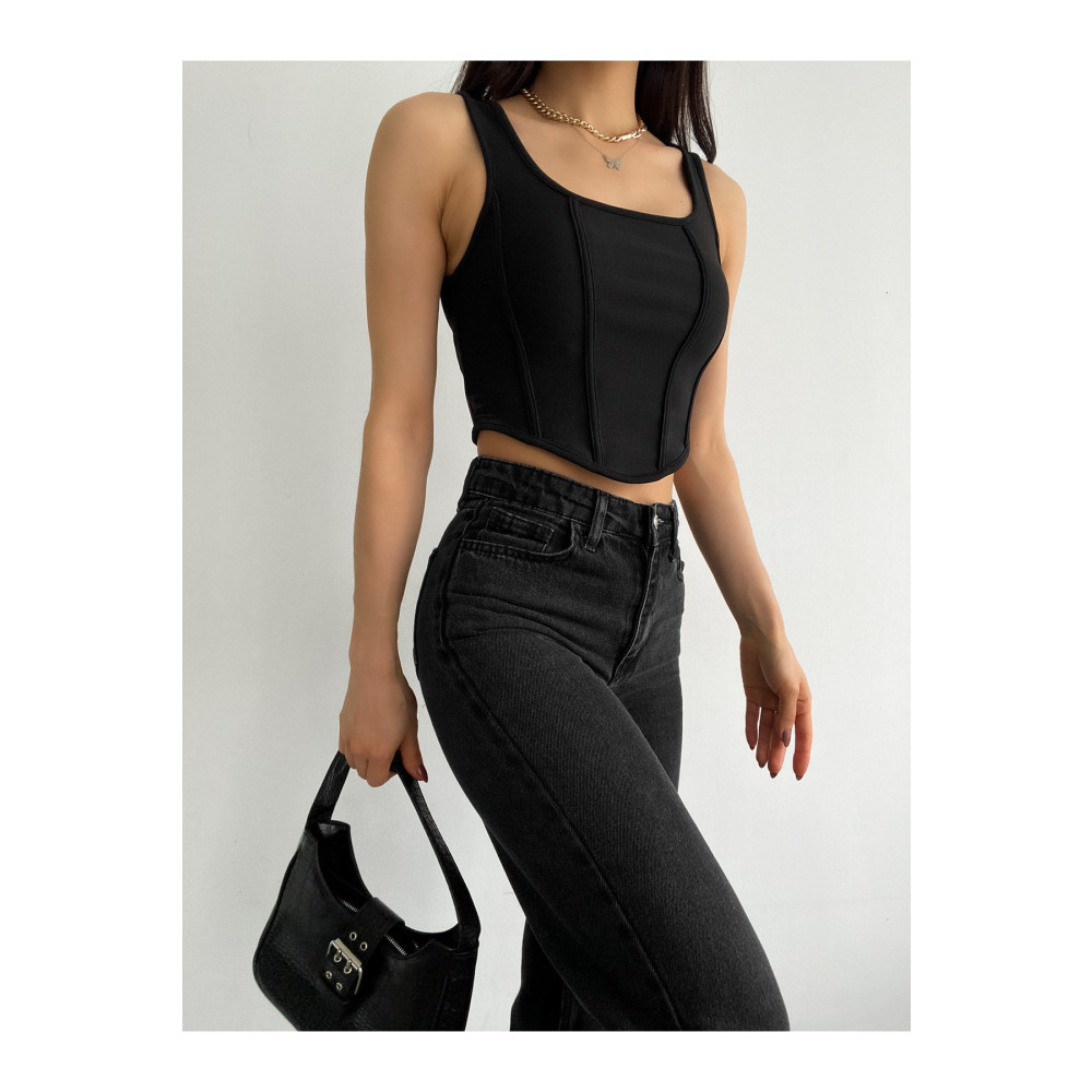 QUTTA Siyah Kare Yaka Korse Görünümlü Fitilli Kadın Crop Bluz M Beden Bluz Fiyatı
