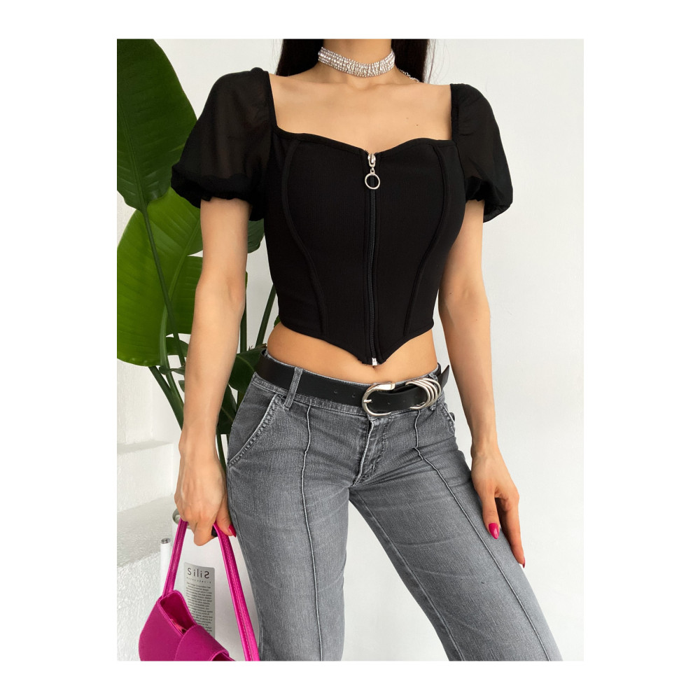 QUTTA Siyah Kolu Şifonlu Fermuarlı Kısa Kol Kadın Crop Bluz S Beden Bluz Fiyatı
