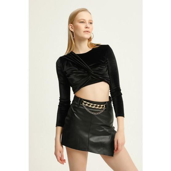 Quzu Crop Siyah Kadın Bluz