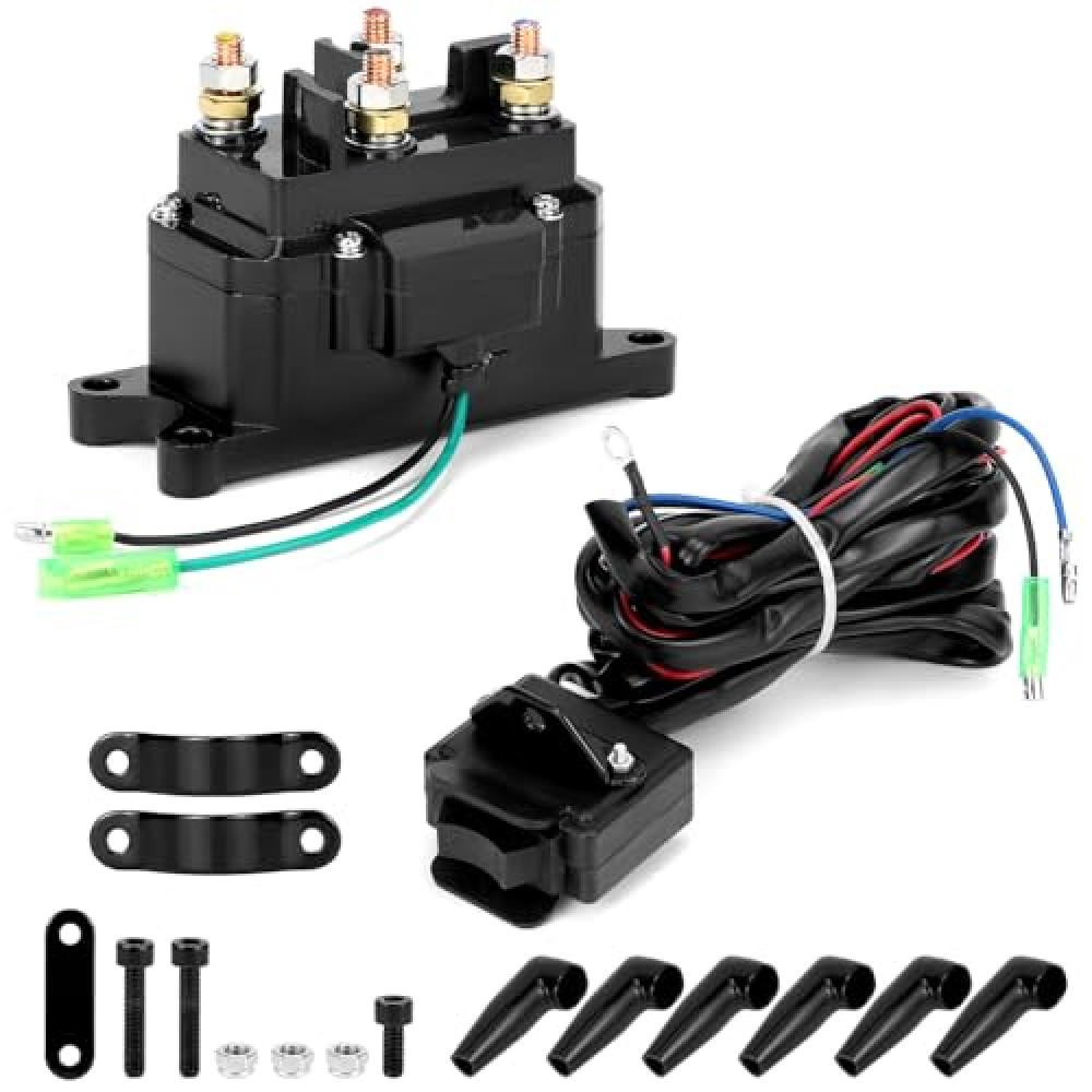 QWORK 12V 250A Winch Solenoid Relay Contactor, Compatible with ATV/UTV | 2000-5000 lbs Winch, with Rocker Thumb Switch Kit